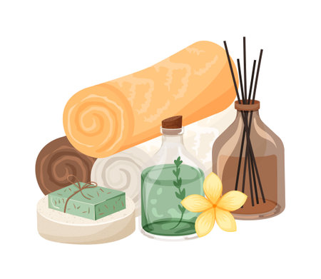 Composition of pile of rolled towels, aroma sticks in bottle, solid soap for relaxation, bodycare. Glass bottle with cosmetic oil with flowers inside. Spa center, beauty salon accessories. Vector illustration isolated on white backgroundのイラスト素材