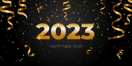 Horizontal black New Year background. Golden numbers 2023, golden streamer, confetti. Holiday...