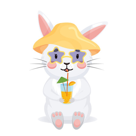 Cute gray rabbit sits and holds a cocktail. A Bunny in a brimmed hat summer vibe. Baby girl character in cartoon style. Vector illustration isolated on white background.のイラスト素材