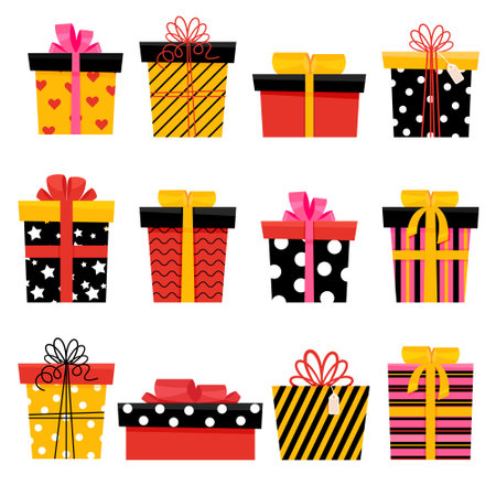 Present set of different boxes with ribbons. Gifts of orange, black, red color collection for for greeting card on white background. Vector illustrationのイラスト素材