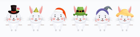 Set of cute gray rabbit faces. Bunny with wearing various hats look out from above. Animal character in cartoon style isolated on white backgroundのイラスト素材