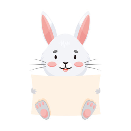 Rabbit is sits and holding a poster with place for text in his hands. Bunny character in cartoon style isolated on white backgroundのイラスト素材