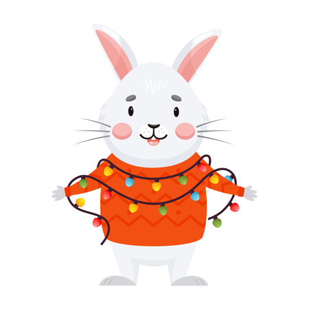 Happy rabbit in a red sweater is wrapped in a garland with multicolor lights. Mascot bunny character in cartoon style on Christmas and New Year holidays isolated on white backgroundのイラスト素材