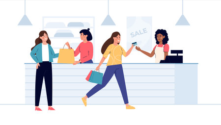 Happy women are shopping in the store. Friendly vendors behind the counter serve customers. Sale and discount in fashion store. Cashless payment at the checkout. Flat vector illustrationのイラスト素材