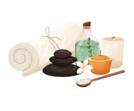 Cosmetic composition towel, hot stones, candles, glass bottle with cosmetic oil and salt. Massage, relaxation, spa treatments concept. Vector isolated on white backgroundのイラスト素材