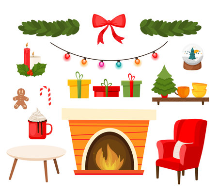 Christmas set of decorative elements for the interior. Fireplace, armchair, table, candles, garland, shelf with dishes. The decor of the festive decoration of the living room. Vector flat illustrationのイラスト素材