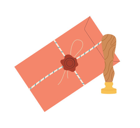 Closed vintage craft envelope sealed with wooden wax stamp.のイラスト素材