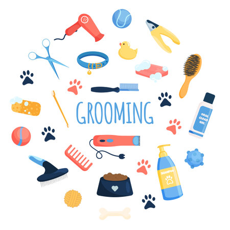 Flat dog and cat grooming tools set on white backgroundのイラスト素材