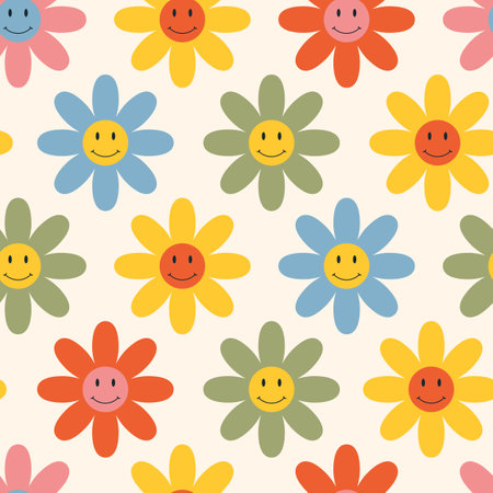 Vector colorful seamless pattern with daisy flowers with cartoon funny emoticons faces. Groovy print cute chamomile characters happy emotion flat style. Vintage floral background.のイラスト素材