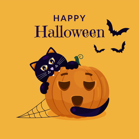 Happy halloween invitation card. A dark cat sits on an orange pumpkin with spider webs and bats. Vector square backgroundのイラスト素材