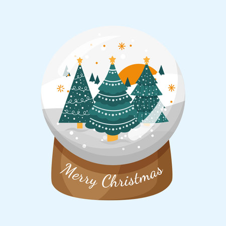 Glass ball with Christmas trees for celebration design. Holiday celebration concept. Christmas card poster. Vector illustration in flat styleのイラスト素材