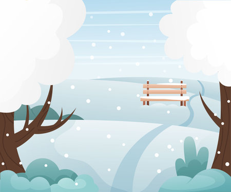 Winter landscape with trees, bushes, road, field, bench. Seasonal park. Vector illustration in flat styleのイラスト素材