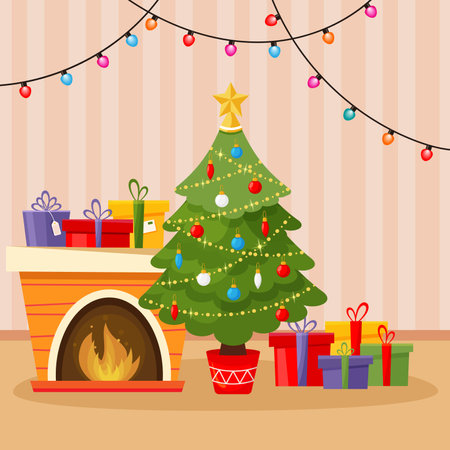 Christmas living room interior. Christmas tree with gift boxes, star, lights, decoration garlands. Gifts and fireplace. Flat style vector illustration.のイラスト素材