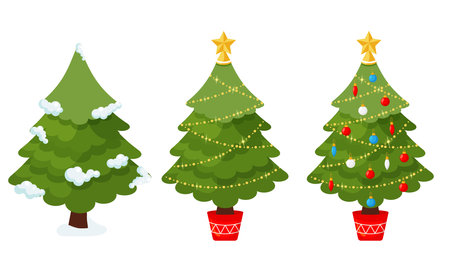 Set of three Christmas trees in a tub before and after decoration. Fir tree in the snow, with a garland, with Christmas balls, a star, lights are isolated on a white background. Vector illustrationのイラスト素材