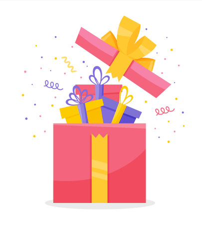 Gift colored boxes. Surprise in the pink gift box. Birthday celebration, give away package, loyalty program reward. Vector illustration unusual gift idea conceptのイラスト素材