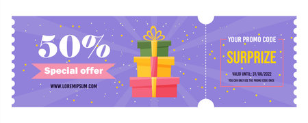 Gift voucher for birthday. Coupon certificate for a discount with a promo code. eGift card background for online shopping. Vector design illustration for advertising banner, promotion gift card, flyerのイラスト素材