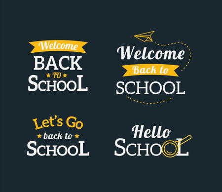 Welcome Back to school, design logo on blackboard. Lets go back to school, hello school, greeting lettering collection. Vector set typography of labels, badges, emblems. School background.のイラスト素材
