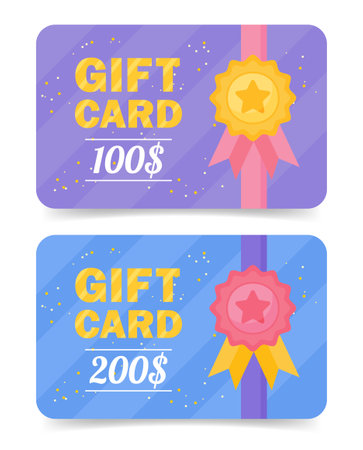 Set a gift card template vector illustration. Gift voucher for 100 and 200 USD. Shopping gift certificate for birthday, holiday on a white backgroundのイラスト素材