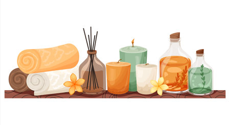 Pile of rolled towels, candles, aroma sticks in bottle on wood shelf. Cosmetics, accessories for relaxation, bodycare. Vector illustration for spa center, hotel, beauty salons on white backgroundのイラスト素材