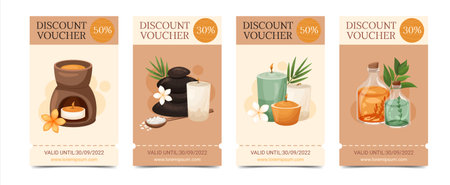 Set of discount voucher for spa treatments. Product cards with aroma lamp, candles, cosmetic bottles. Coupon for a beauty salon. Vector illustration gift card of spa therapy, relaxation, beauty careのイラスト素材