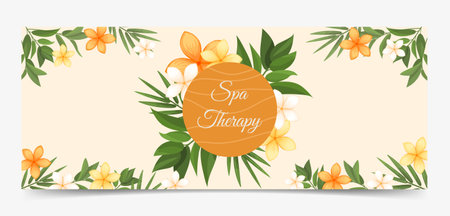 Spa therapy twitch banner template. Design horizontal cover with exotic flowers, bamboo leaves post social media. Natural, floral cover vector illustrationのイラスト素材