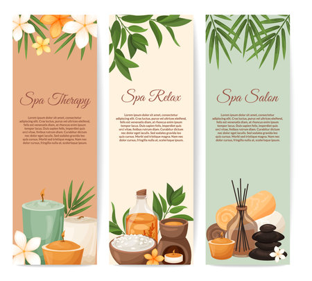 Spa services vertical banners template. Exotic flowers, bamboo leaves, cosmetics, aromatherapy, salon care. Brochure, poster, flyer, promotional booklet, beauty salon branding vector Illustrationのイラスト素材