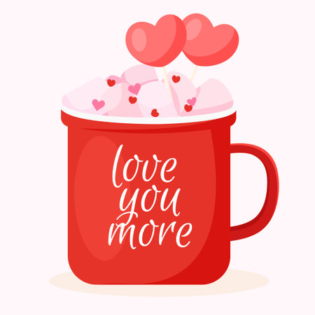 Mug with pink marshmallow and text love you more for valentines day. Romantic cup of coffee, cocoa with decorative hearts. Vector illustration.のイラスト素材