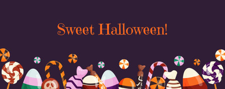 Halloween sweet horizontal banner with candy. October holiday night background design with lollipops, candy, chocolate. Vector illustration in flat styleのイラスト素材