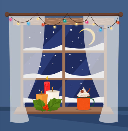 Window with christmas decor. Lights, candles and cup of cocoa with cream on windowsill. Winter night landscape. Flat style vector illustration.のイラスト素材