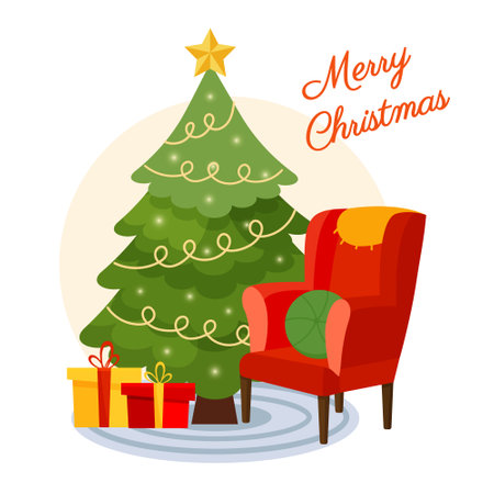 Merry Christmas postcard with Christmas green tree and Red armchair. Holiday card with gifts. Vector greeting illustration in flate style for media socialのイラスト素材