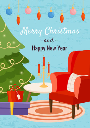 Merry Christmas and Happy New Year greeting postcard with red armchair and Christmas tree. Candlestick with red candles on the table. Card with Blue background and festive interiorのイラスト素材