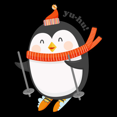 Cute baby penguin is skiing. winter activities. Vector flat illustration on transparent backgroundのイラスト素材