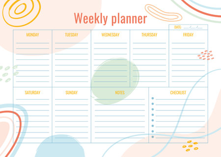 Horizontal personal weekly planner template. Page A4 with abstract elements. Schedule for 7 days of the week, notes and checklist for daily routine in vector formatのイラスト素材
