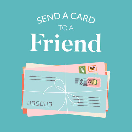 National Send A Card To A Friend Day February 7th. Envelopes stack with stamps. Paper correspondence tied with string. Delivery of postal envelopes.Vector flat illustrationのイラスト素材
