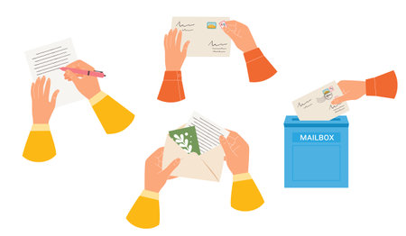 Hands write a letter, hold a paper envelope, glue a stamp. Sending the envelope with the letter to the mailbox. Correspondence through the postal service. Mail delivery vector set.のイラスト素材