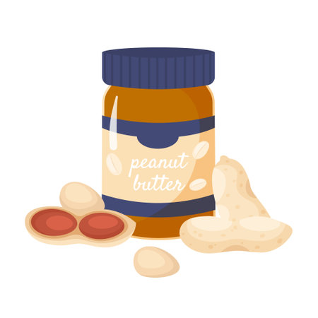 Closed jar of peanut butter, shelled peanuts nearby. Healthy protein food. Vegetarian snack and dessert. Flat vector illustration isolated on white backgroundのイラスト素材