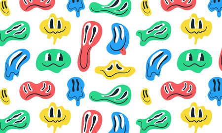 Distorted happy colorful smiles seamless pattern on white background. Funny unreal emoticons faces. Trippy vector design. Cartoon retro print for clothes, fabric, paper, cover, interior decor.のイラスト素材