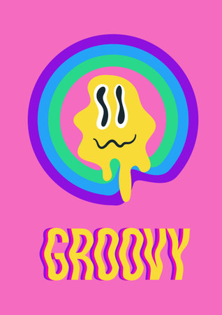 Groovy Smiley Melting Face Neon Pink Print Funky Colourful Poster.のイラスト素材