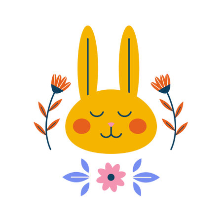 illustration concept folk nordic style with rabbit muzzle and flowers.のイラスト素材