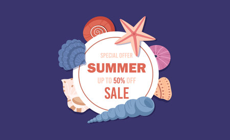 Summer sale banner, tag with sea shellsのイラスト素材