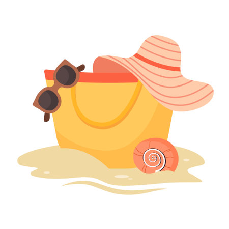 Summer composition beach accessories bag, summer hat, seashellのイラスト素材