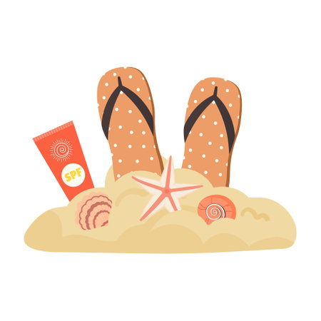 Summer beach accessories slippers and sun creamのイラスト素材
