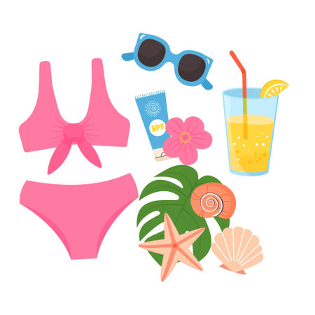 Summer beach femaly swimsuit and accessories for vacationのイラスト素材