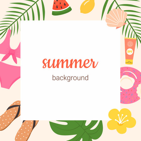 Summer square card template decorated tropical jungle leaves, beach and sea itemsのイラスト素材