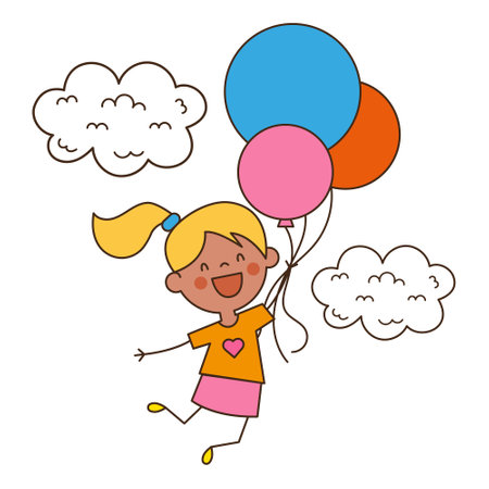 Happy cartoon little girl flying on colorful balloons near the clouds in doodle styleのイラスト素材
