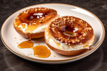 Two Creme brulee bagel filling cream cheese, with golden crust and topping on plate digital imageの素材