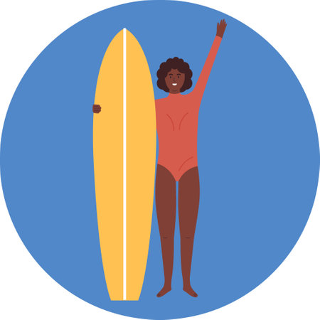 Surfing round emblem with african american Womanのイラスト素材