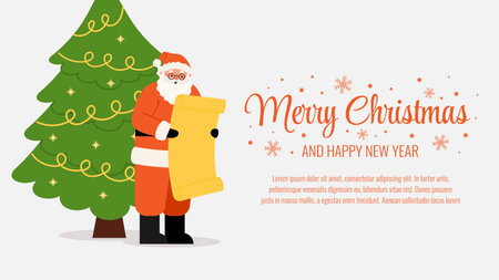 Merry Christmas template banner with Santa Claus reading wish list near Fir Treeのイラスト素材