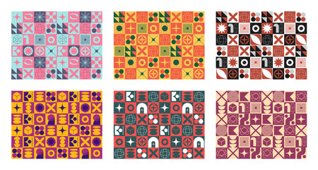 Set of Brutalist style geometric shapes pattern background