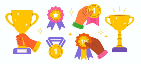 Diverse hands holding Winner golden cups, medals, badgesのイラスト素材
